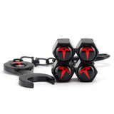 4 pcs Tesla Logo Tire Valve Caps + Keychain