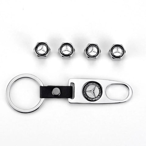 4pcs Silver Tire Valve Caps + Keychain for Mercedes-Benz