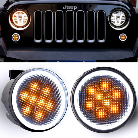 Front LED Turn Signal Light Assembly with White Halo Smoke Lens Jeep Wrangler JK
